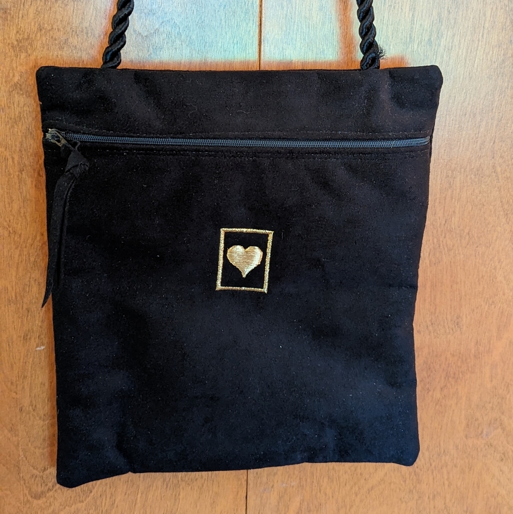 Elegant Black Suede Bag with Gold Heart Accent